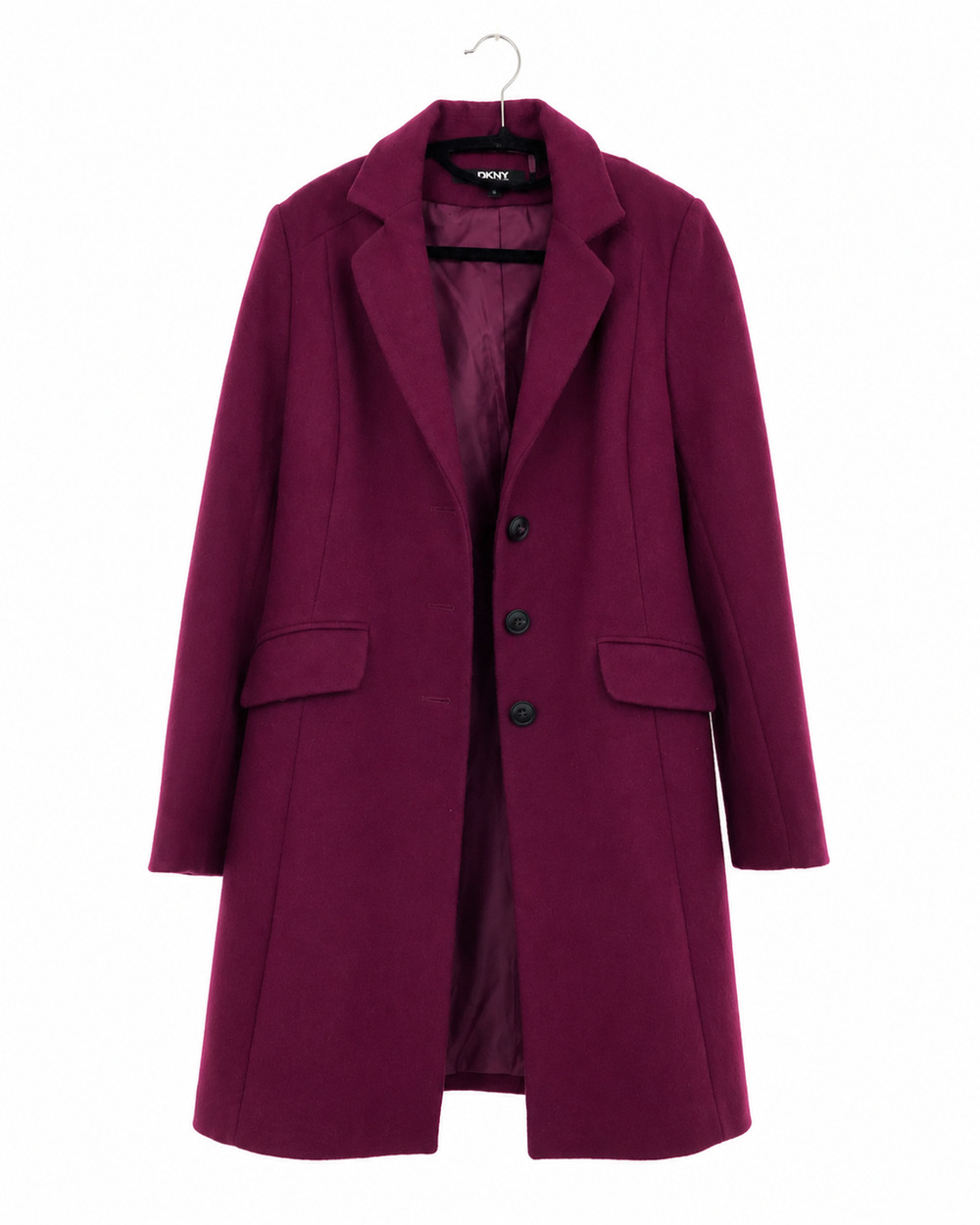DKNY Womens Wool Blend Coat Magenta Berry Purple 3-Button Size 8 NWOT